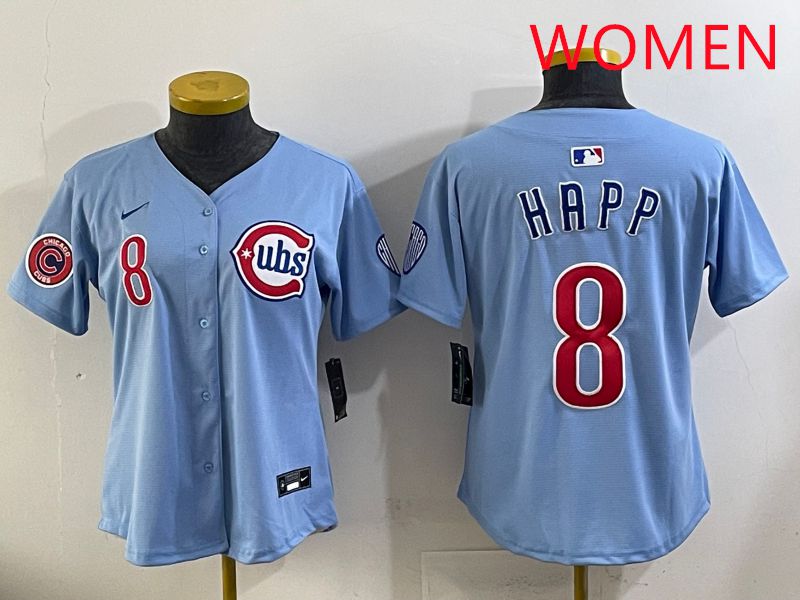 Women 2025 Chicago Cubs 8 Happ Light Blue Throwback Game Nike MLB Jersey style 2